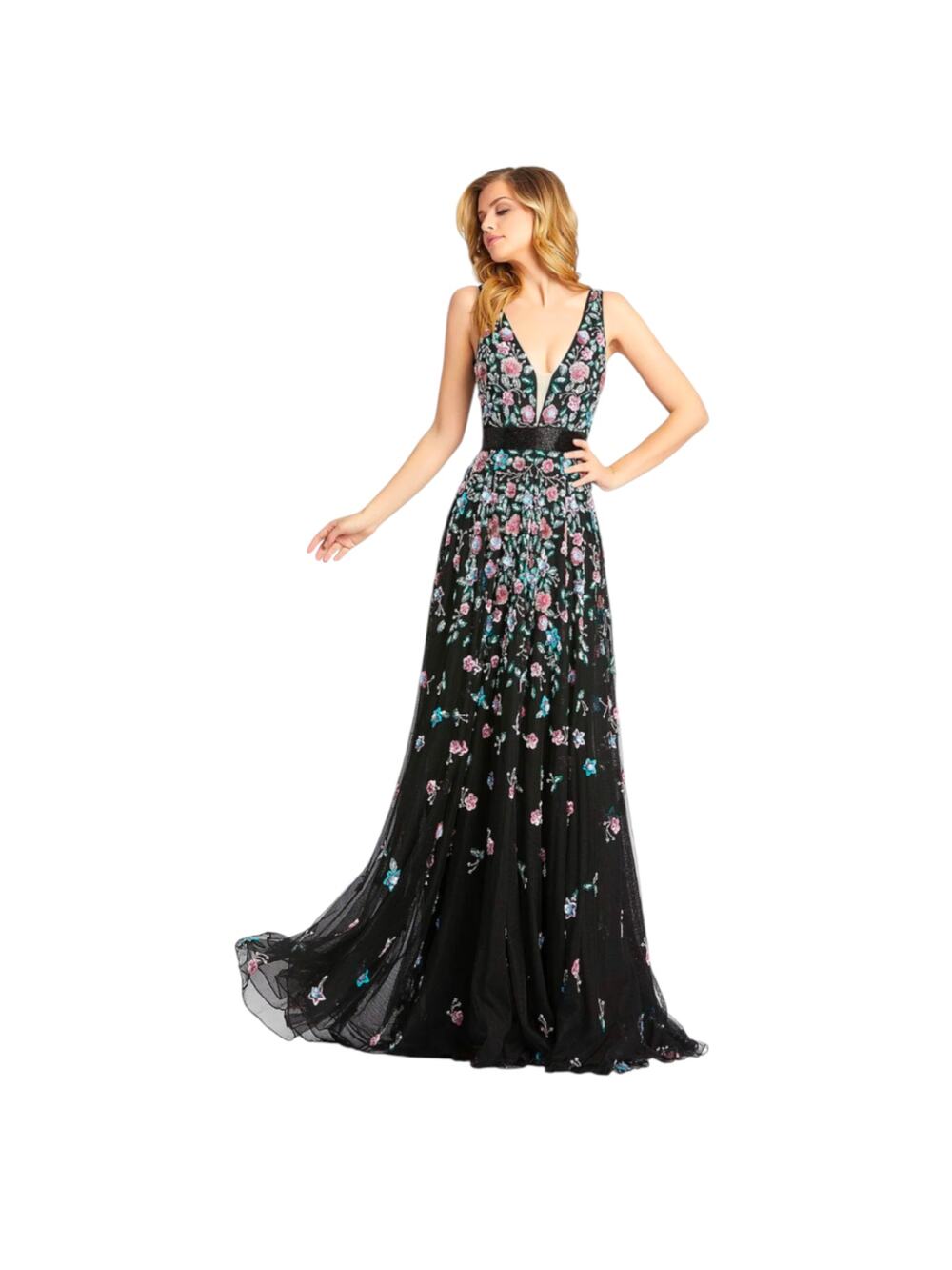 Mac Duggal Floral Embroidered Gown Black Multicolor Size 0 Formal Dress